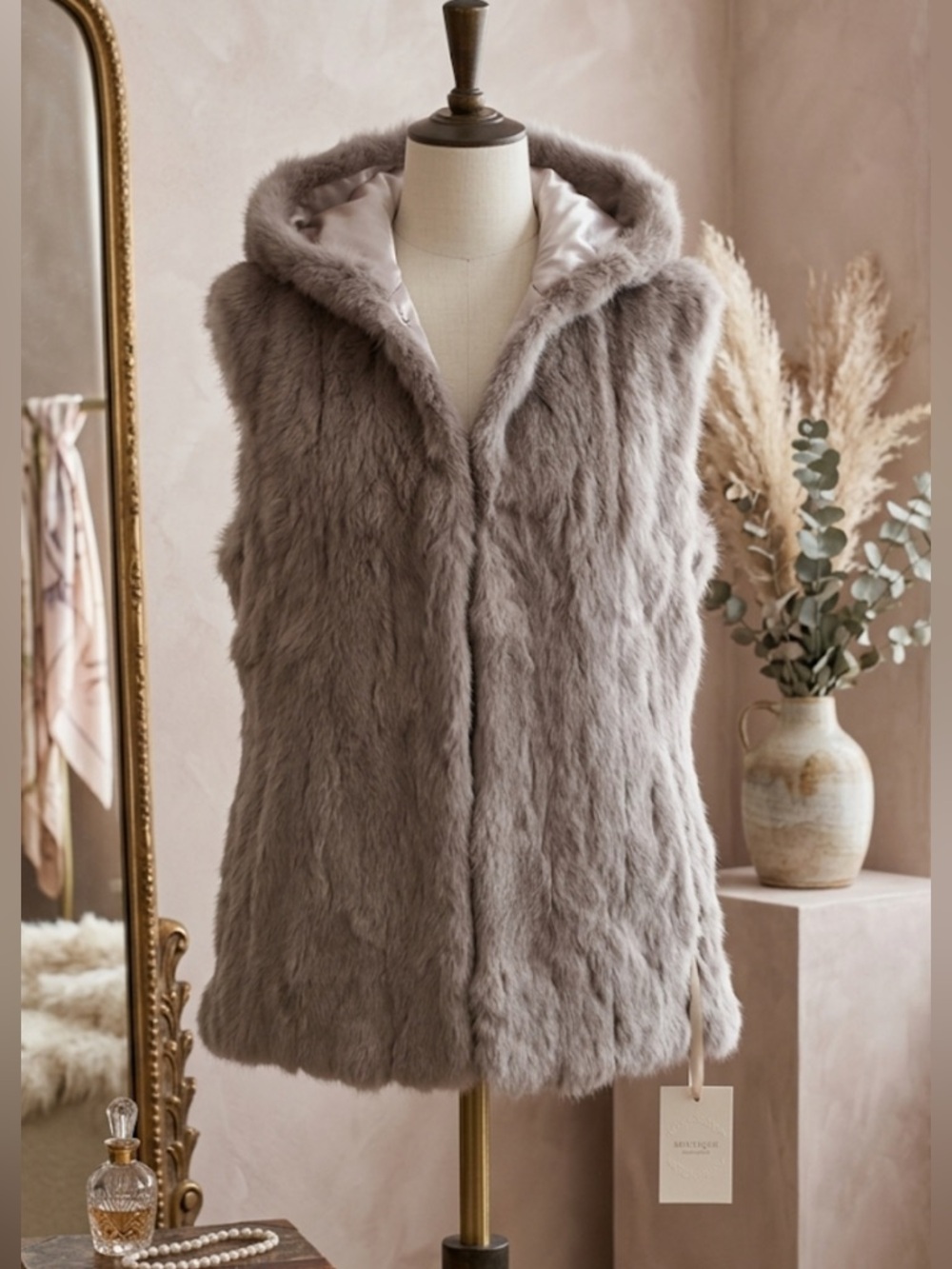 RABBIT FUR | Hooded Vest |  Luxury Soft Grey| NWT